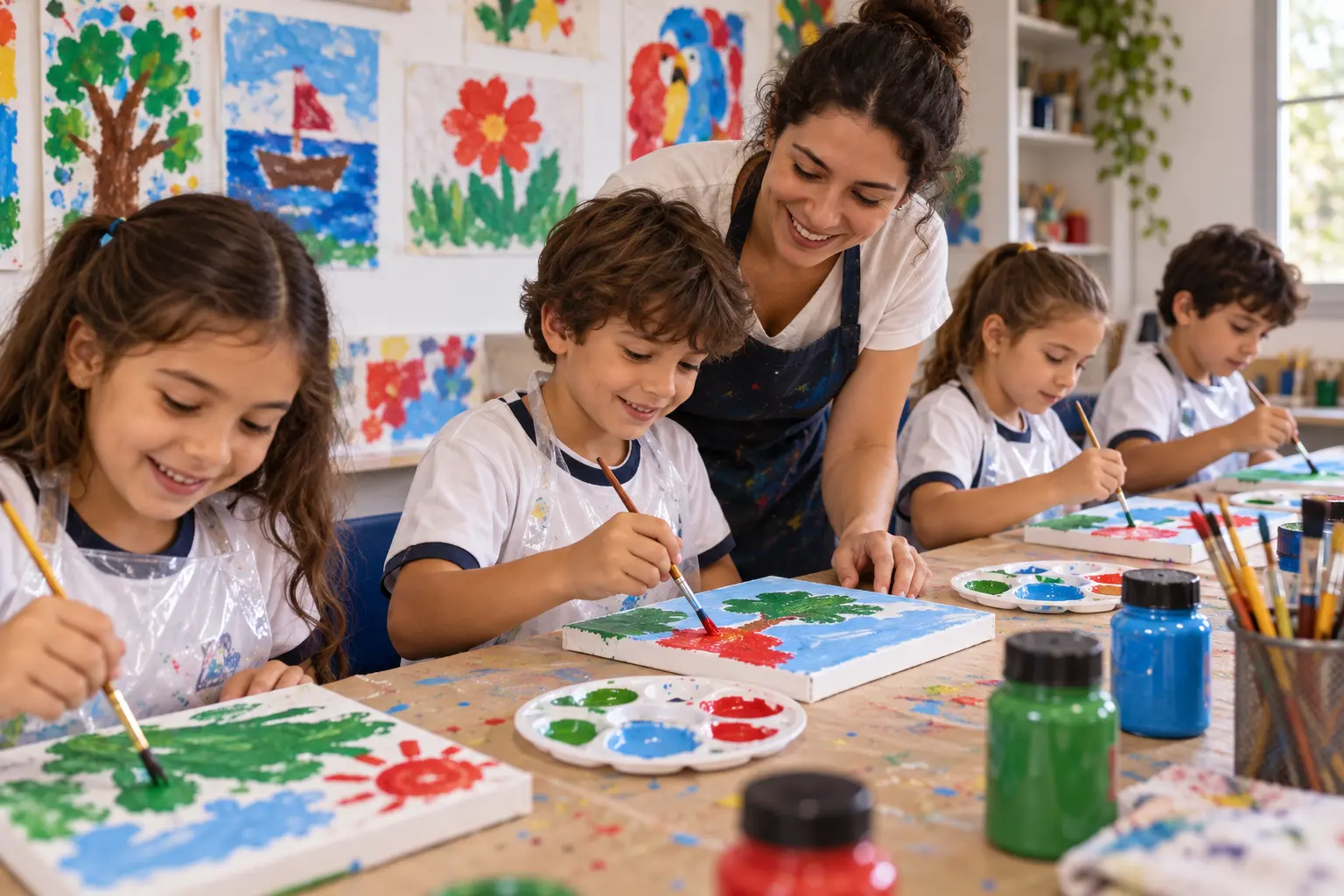 Aula de artes com crianças pintando telas